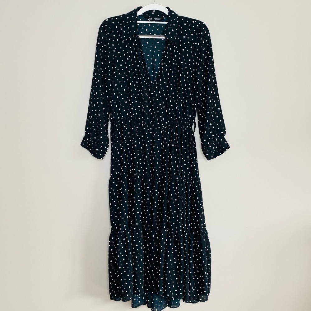 Zara Polka Dot Tiered Dress in Black with white, size S - Picture 7 of 12
